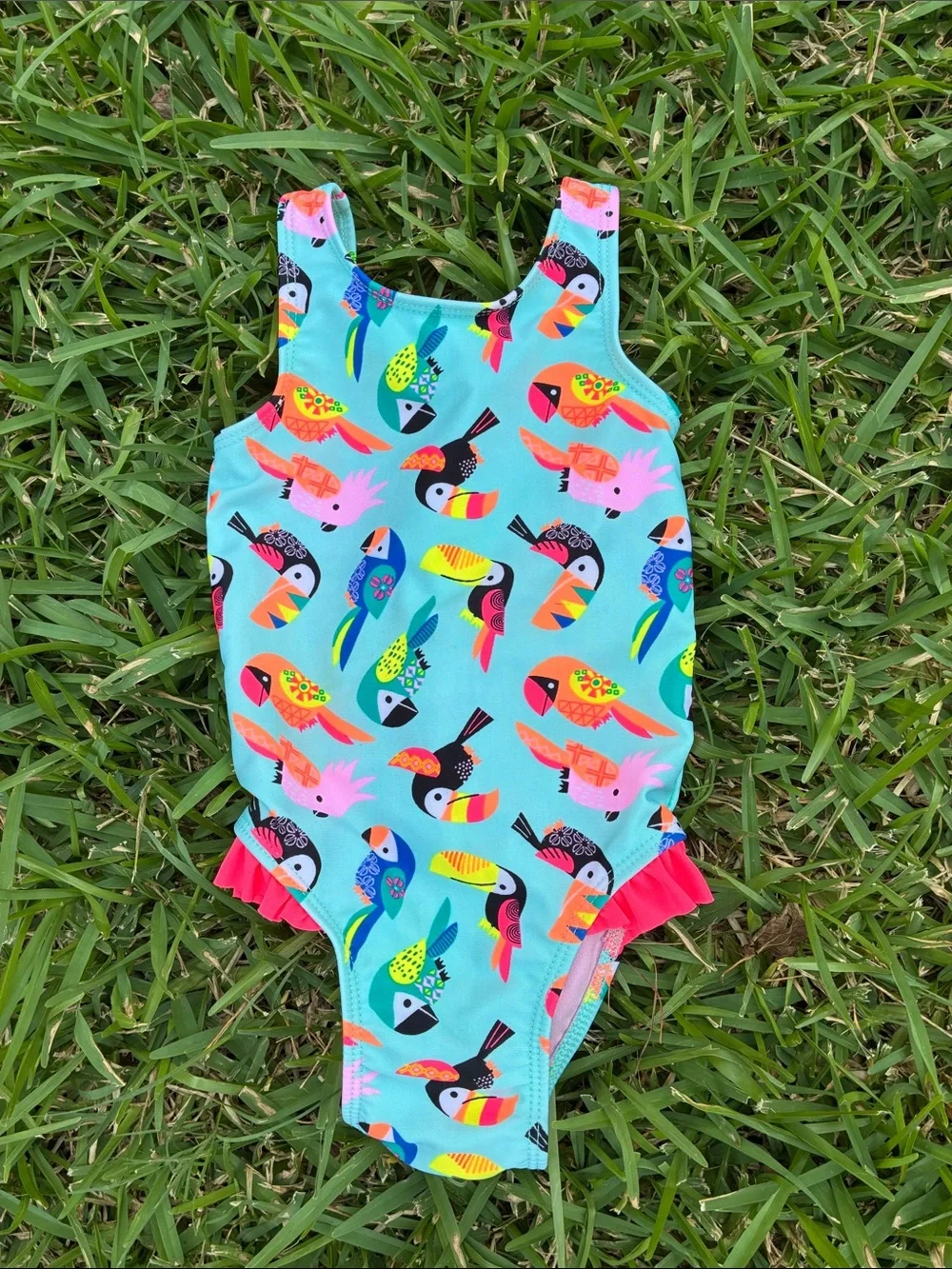 Cat & Jack Aqua One-Piece Swimsuit with Multicolor Parrot Print and Pink Ruffle